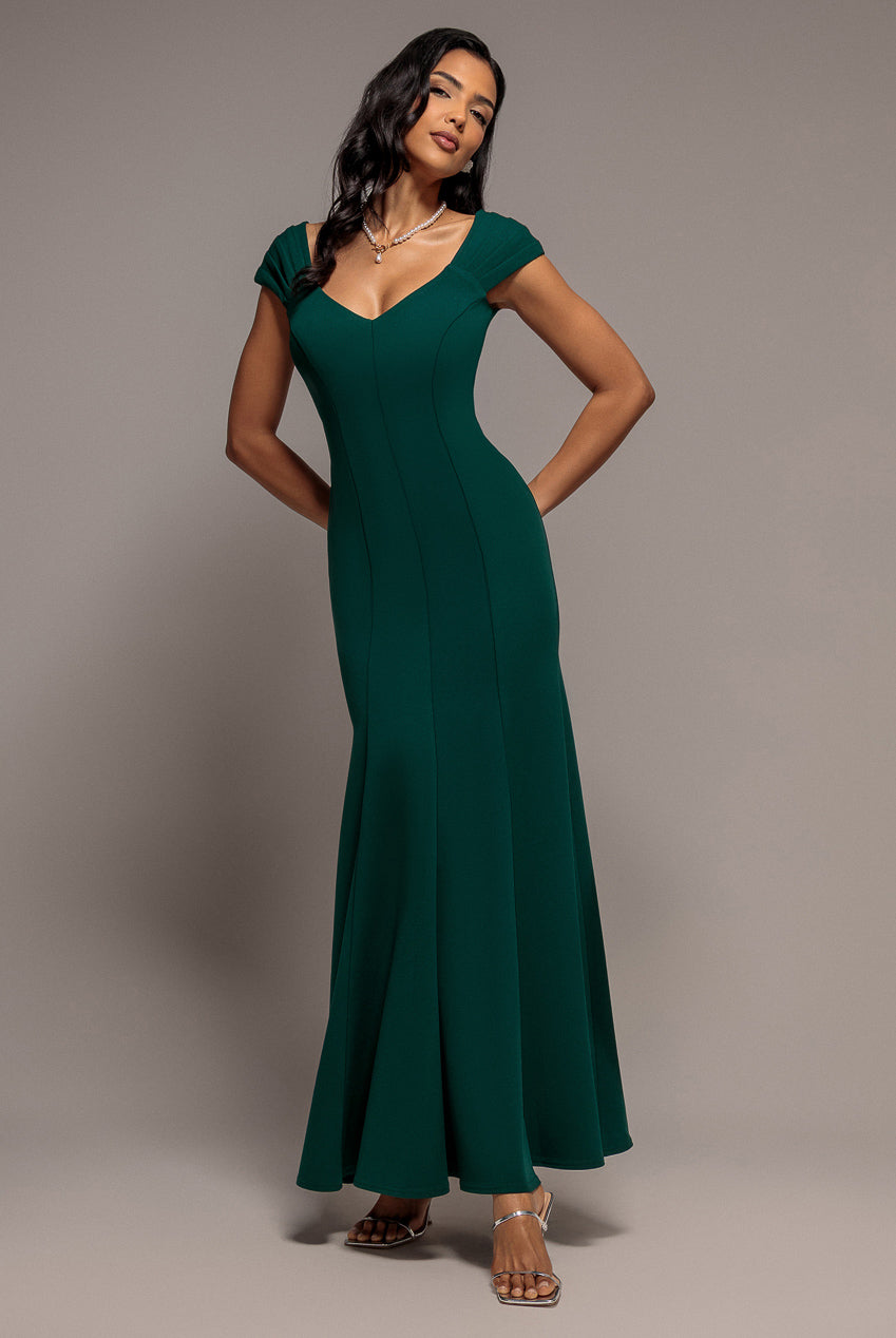 Goddiva Capped Sleeve V Neck Pleated Fit & Flare Maxi Dress - Emerald Green