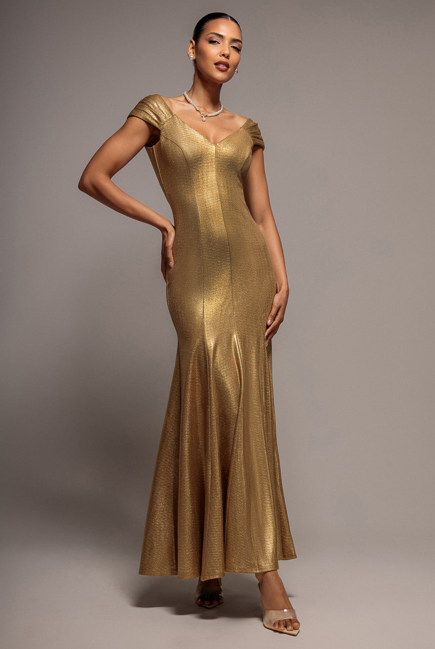 Goddiva Capped Sleeve V Neck Pleated Fit & Flare Maxi Dress - Gold