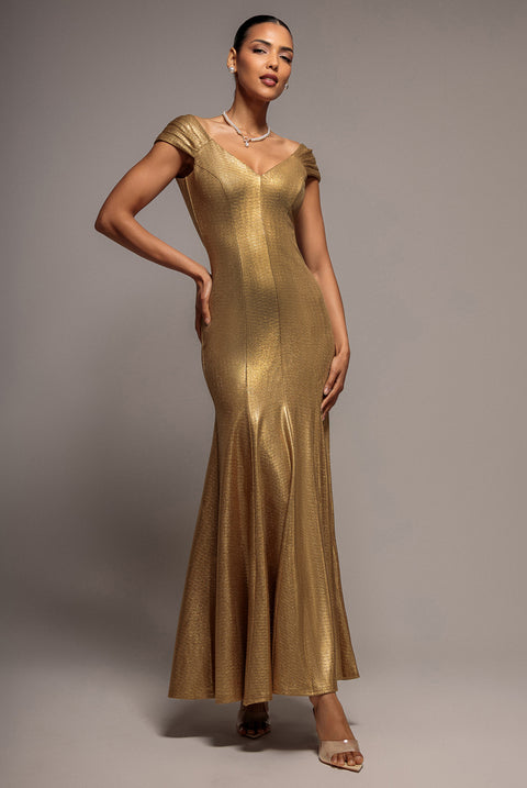 Goddiva Capped Sleeve V Neck Pleated Fit & Flare Maxi Dress - Gold