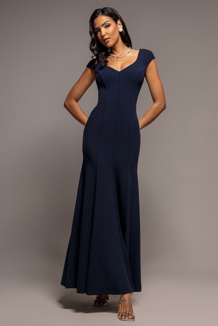 Goddiva Capped Sleeve V Neck Pleated Fit & Flare Maxi Dress - Navy Blue