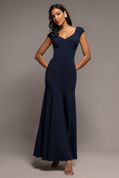 Navy - Goddiva Capped Sleeve V Neck Pleated Fit & Flare Maxi Dress - Navy Blue