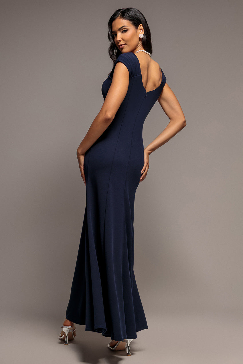 Goddiva Capped Sleeve V Neck Pleated Fit & Flare Maxi Dress - Navy Blue