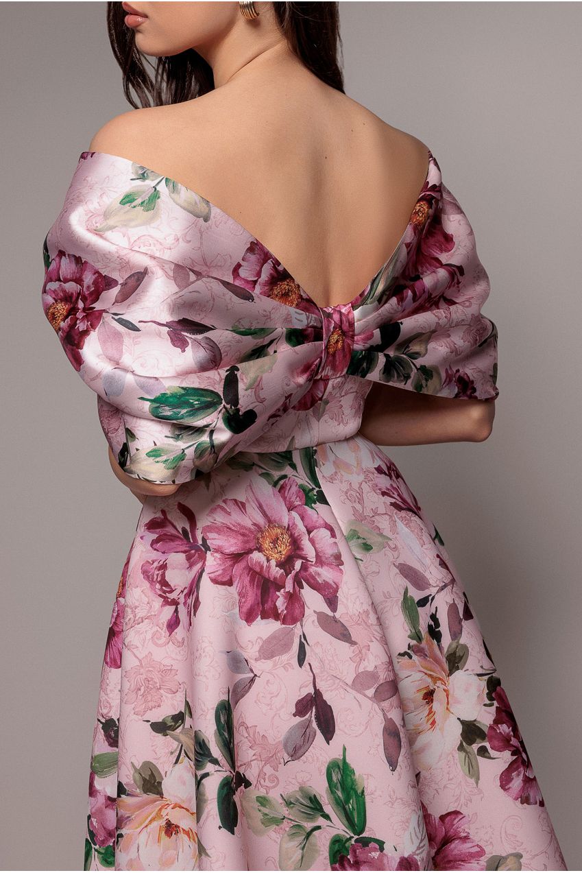 Goddiva Off Shoulder Floral Bow Back A Line Midi Dress - Blush Pink