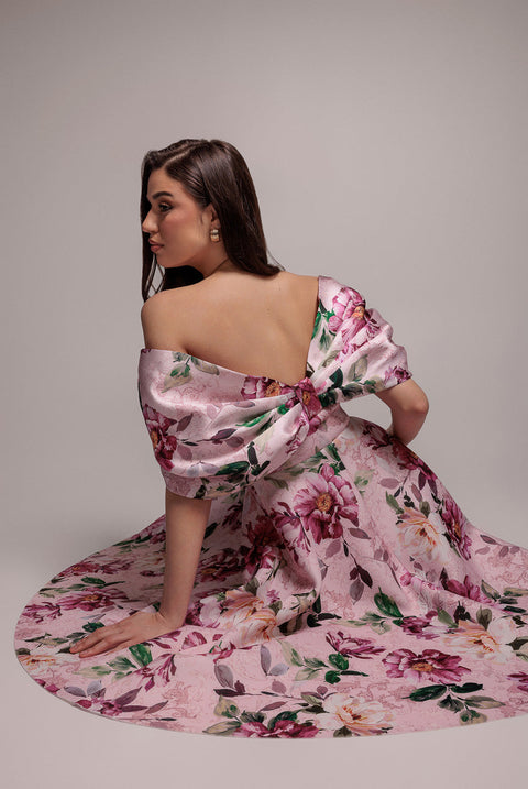Goddiva Off Shoulder Floral Bow Back A Line Midi Dress - Blush Pink