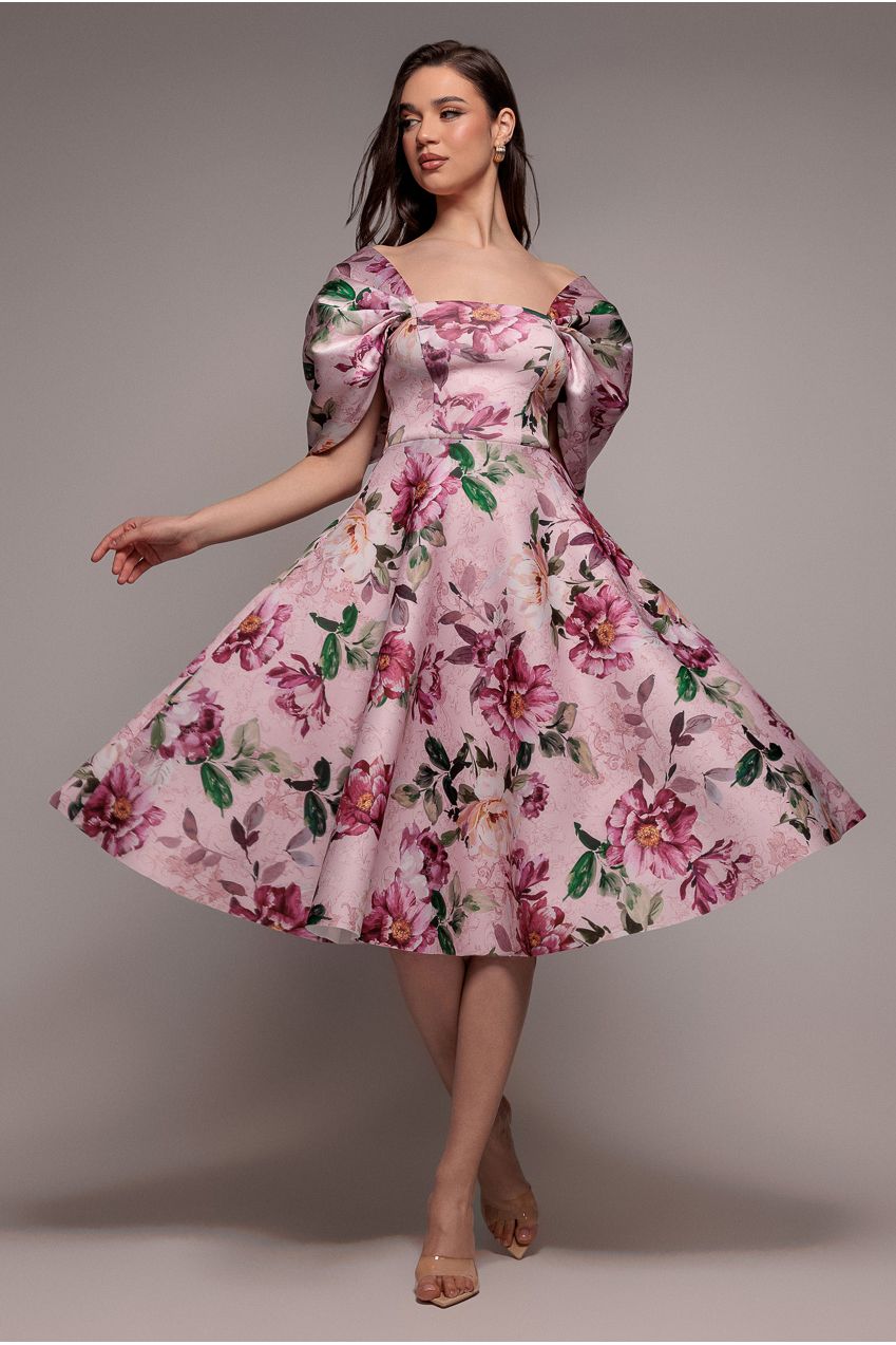 Goddiva Off Shoulder Floral Bow Back A Line Midi Dress - Blush Pink