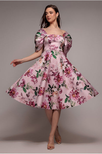 Blush - Goddiva Off Shoulder Floral Bow Back A Line Midi Dress - Blush Pink