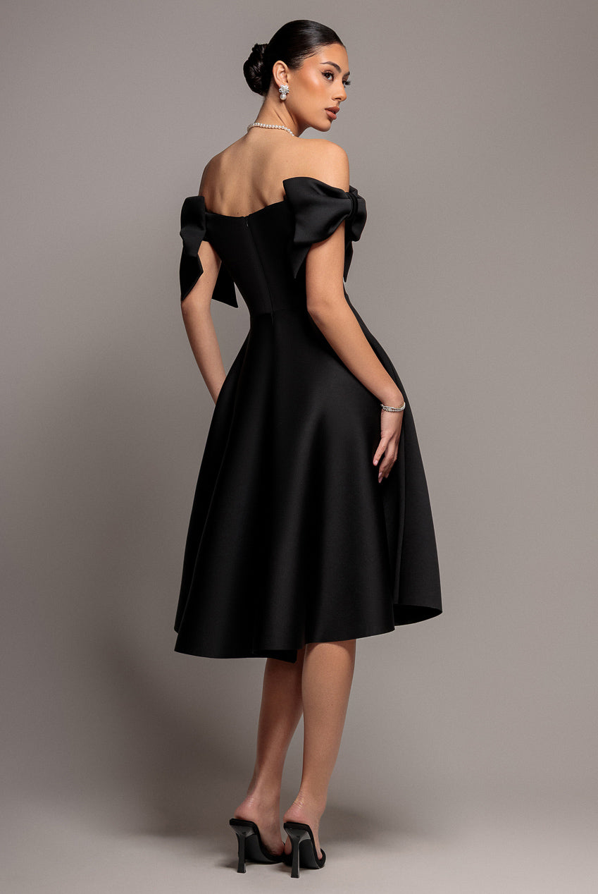 Goddiva Bardot Plunge Neck Bow Sleeve A Line Midi Dress - Black