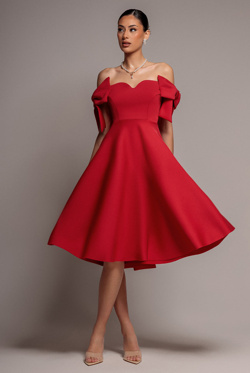 Goddiva Bardot Plunge Neck Bow Sleeve A Line Midi Dress - Red