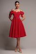 Goddiva Bardot Plunge Neck Bow Sleeve A Line Midi Dress - Red