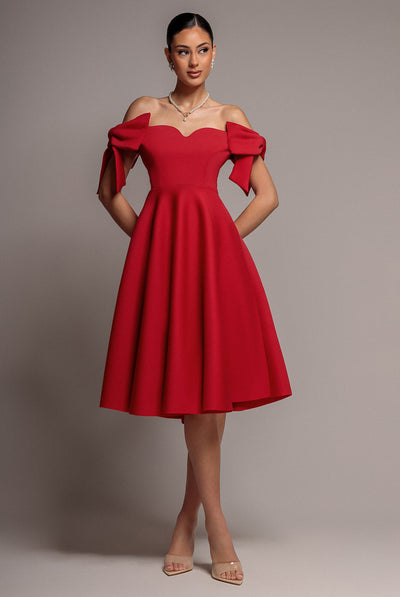 Red - Goddiva Bardot Plunge Neck Bow Sleeve A Line Midi Dress - Red