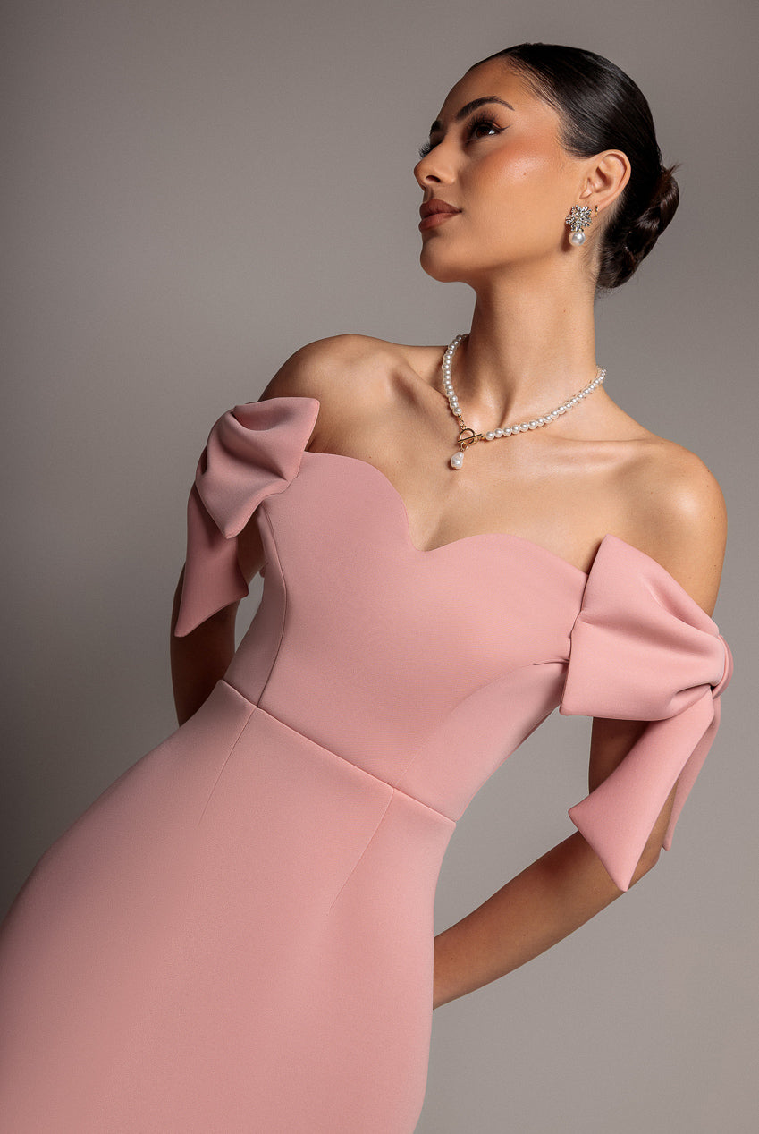 Goddiva Bardot Plunge Neck Bow Sleeve Skater Mini Dress - Blush Pink
