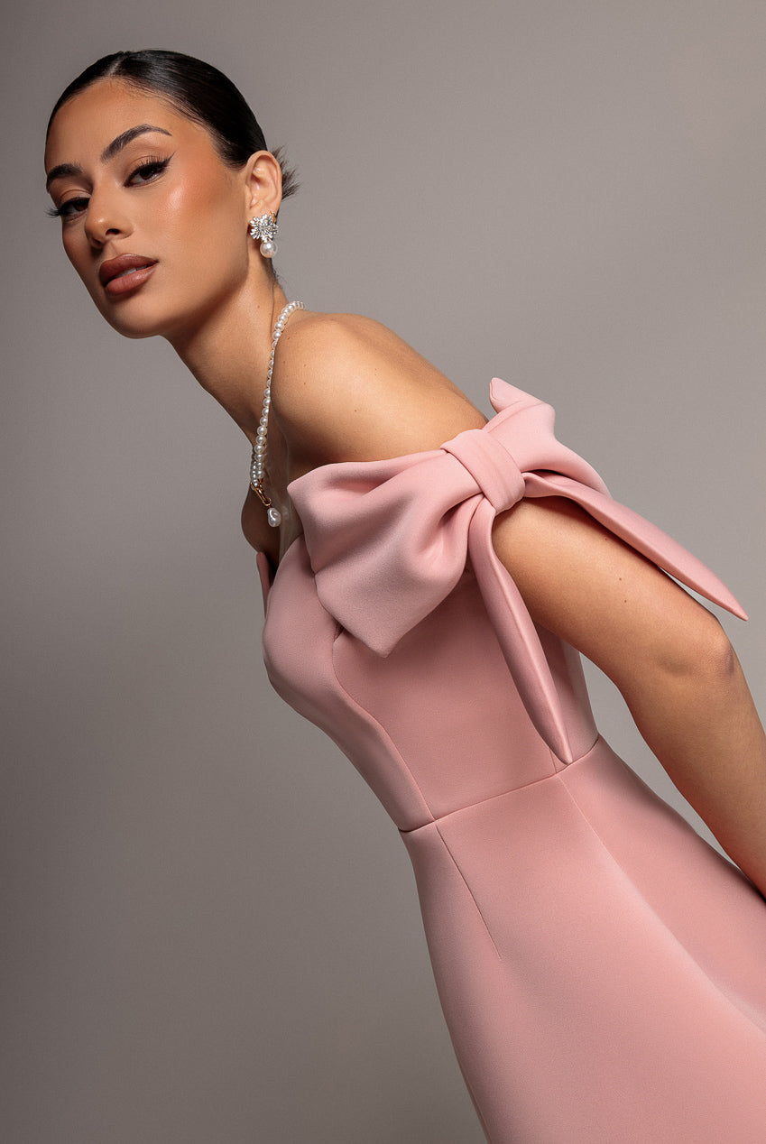 Goddiva Bardot Plunge Neck Bow Sleeve Skater Mini Dress - Blush Pink