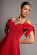 Goddiva Bardot Plunge Neck Bow Sleeve Skater Mini Dress - Red