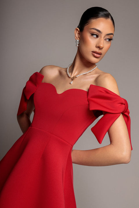 Goddiva Bardot Plunge Neck Bow Sleeve Skater Mini Dress - Red