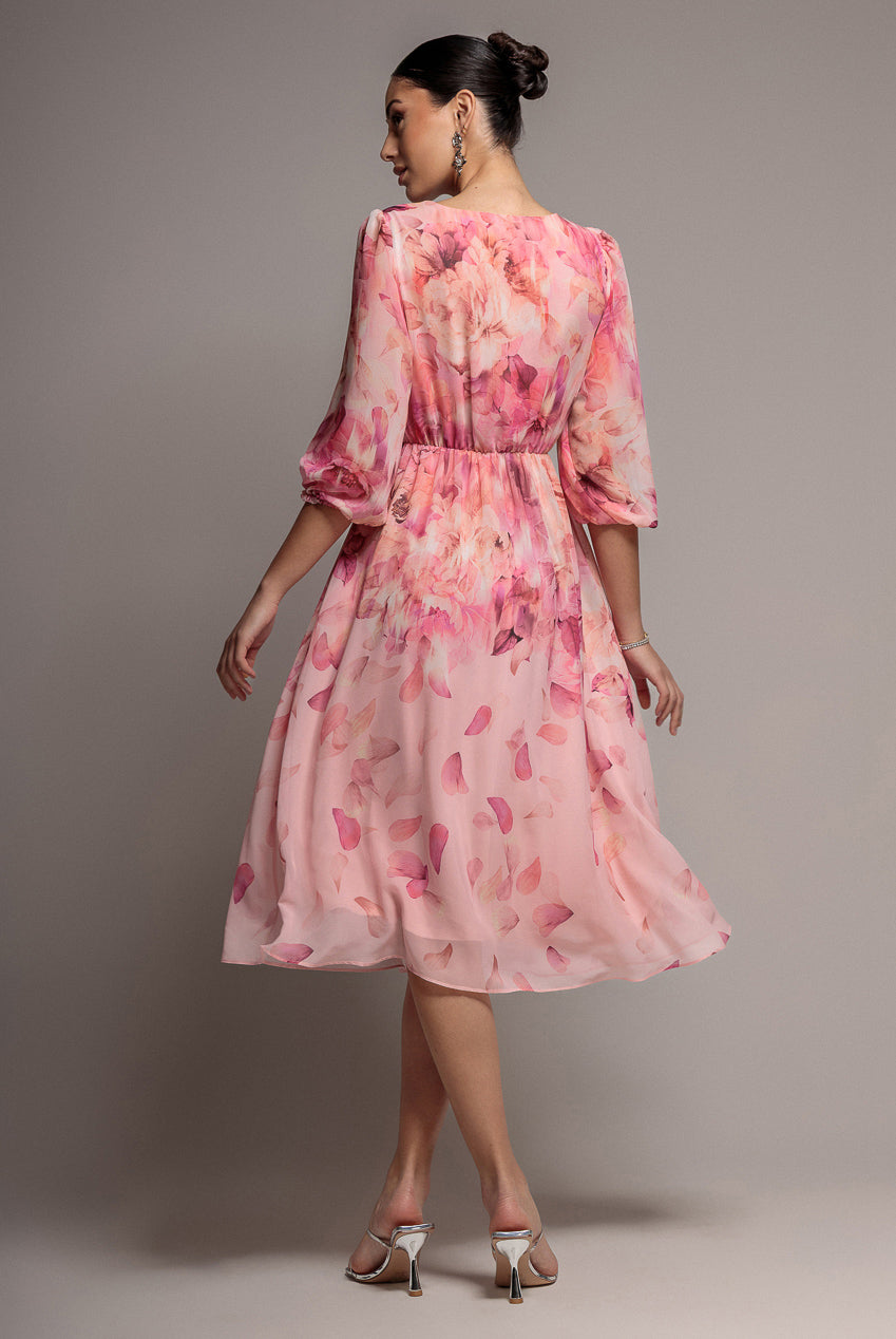 Goddiva Floral Print Wrap A Line Midi Dress - Blush Pink