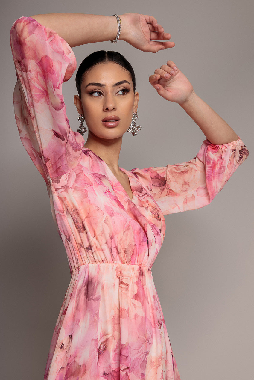 Goddiva Floral Print Wrap A Line Midi Dress - Blush Pink
