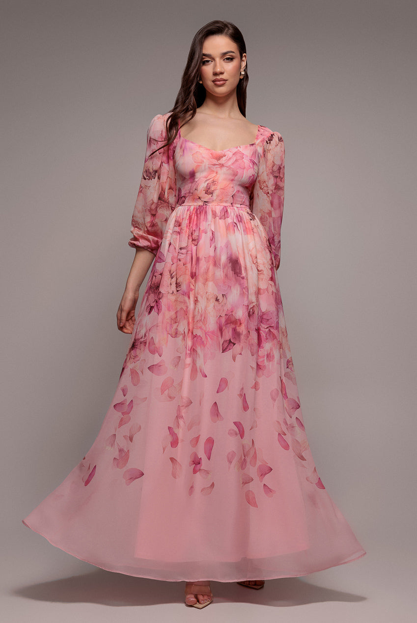 Goddiva Floral Print Shirred Back A Line Maxi Dress - Blush Pink