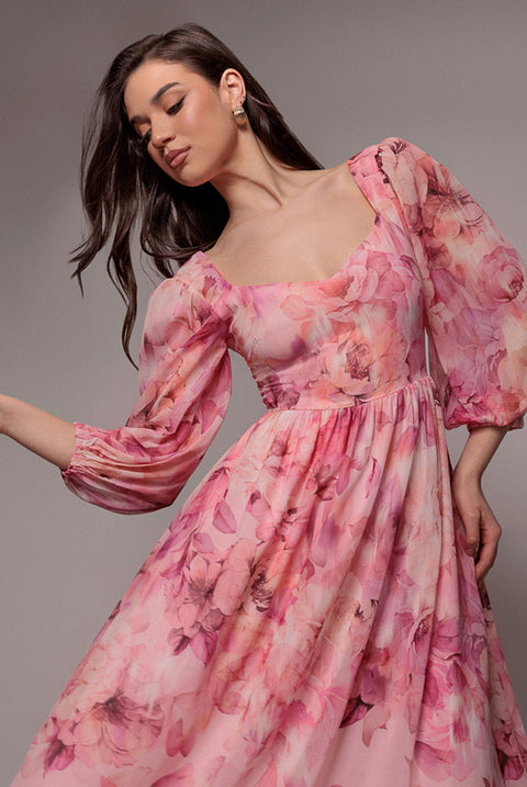 Goddiva Floral Print Shirred Back A Line Maxi Dress - Blush Pink