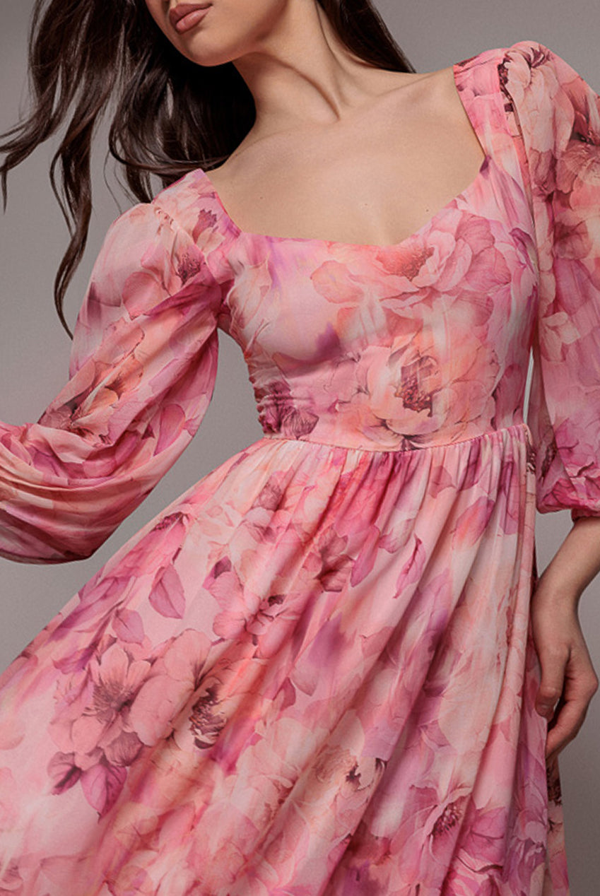 Goddiva Floral Print Shirred Back A Line Maxi Dress - Blush Pink