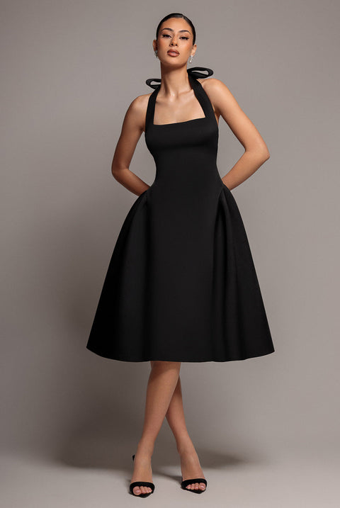 Goddiva Corset Fit And Flare Halter Neck Midi Dress - Black