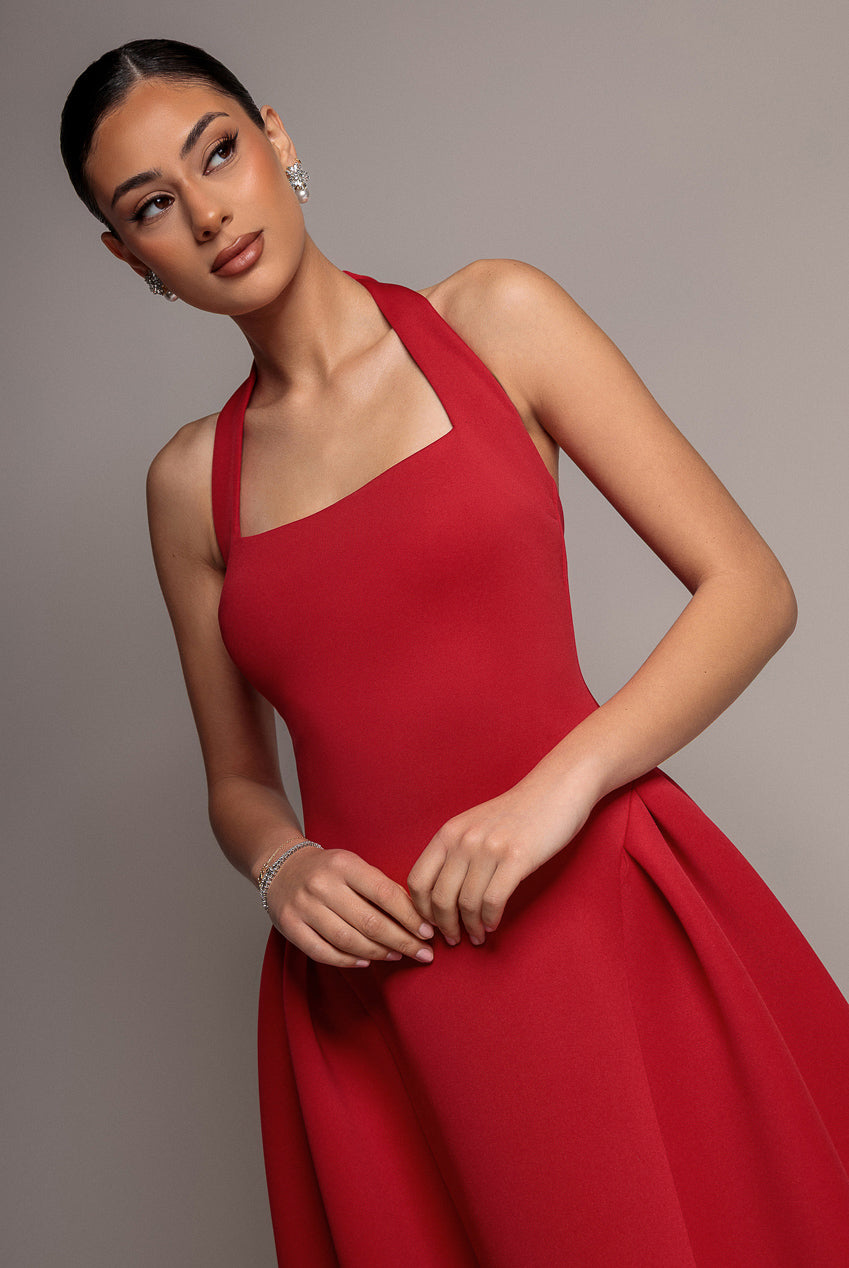 Goddiva Corset Fit And Flare Halter Neck Midi Dress - Red