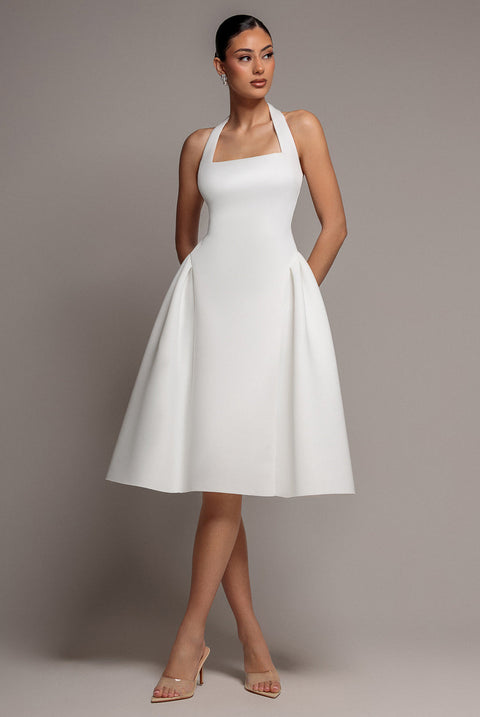 Corset Fit And Flare Halter Neck Midi Dress - White | Goddiva US Corset Fit And Flare Halter Neck Midi Dress - White | Goddiva US