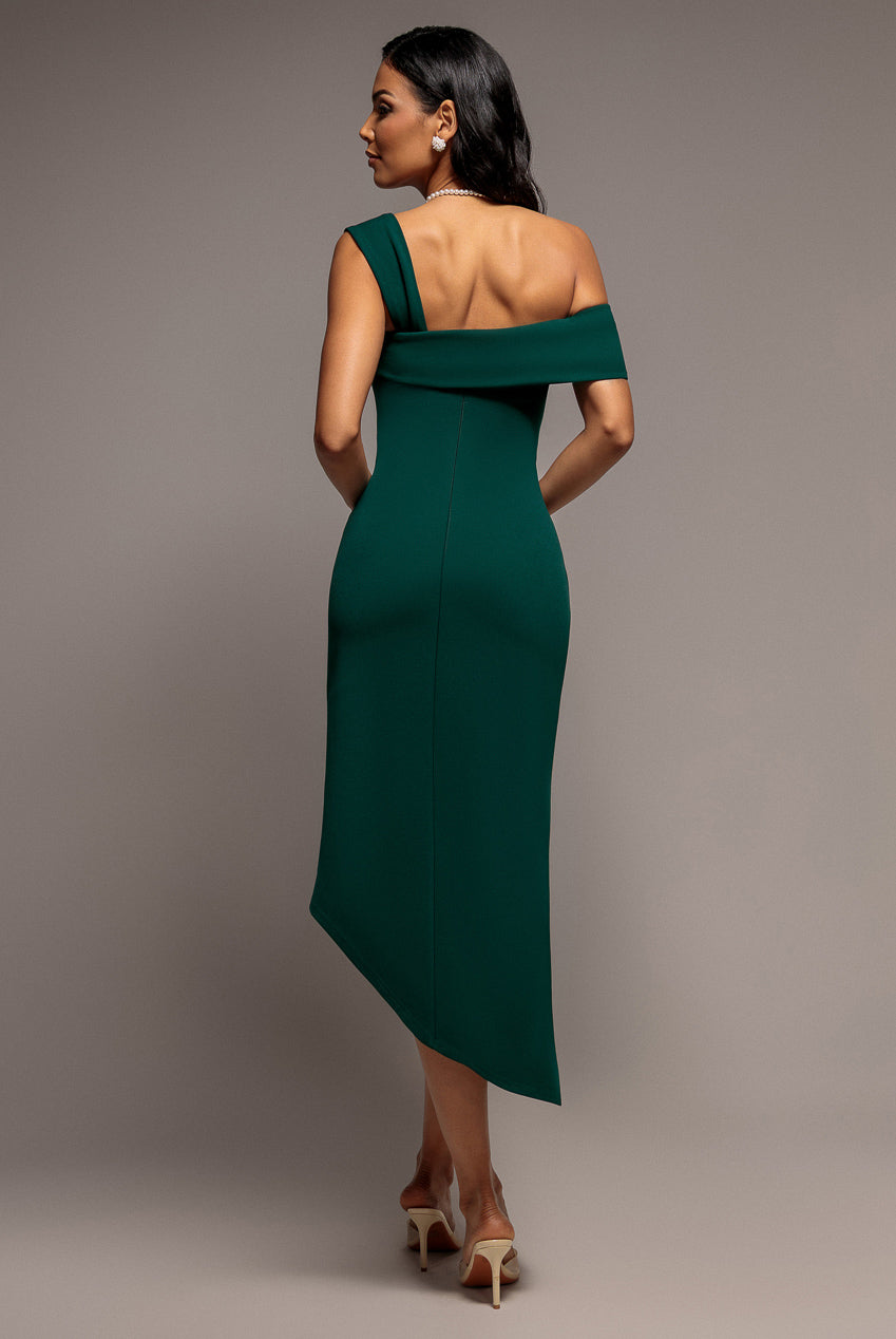 Goddiva Off Shoulder Pleated Waist Asymmetric Midaxi Dress - Emerald Green