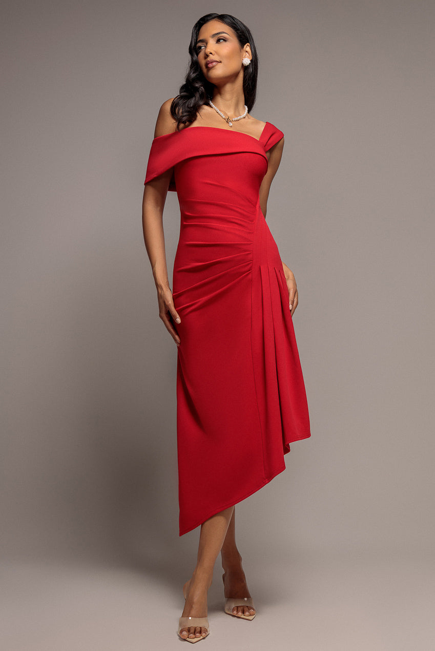 Goddiva Off Shoulder Pleated Waist Asymmetric Midaxi Dress - Red