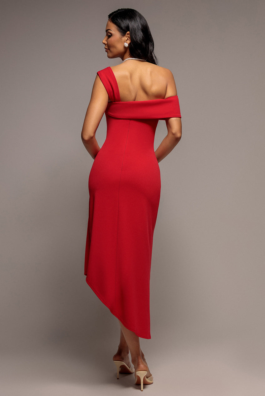 Goddiva Off Shoulder Pleated Waist Asymmetric Midaxi Dress - Red