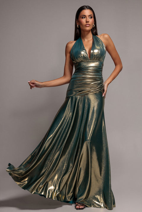 Goddiva Halterneck Empire Waist Gathered Sunrise Foil  Maxi Dress - Dark Gold