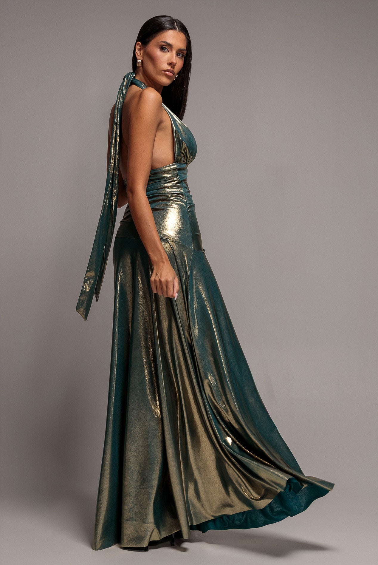 Goddiva Halterneck Empire Waist Gathered Sunrise Foil  Maxi Dress - Dark Gold
