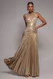 Goddiva Halterneck Empire Waist Gathered Sunrise Foil  Maxi Dress - Gold