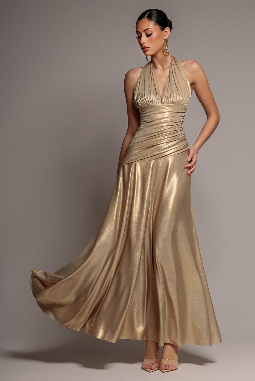 Halterneck Empire Waist Gathered Sunrise Foil Maxi Dress - Gold | Goddiva US Halterneck Empire Waist Gathered Sunrise Foil Maxi Dress - Gold | Goddiva US