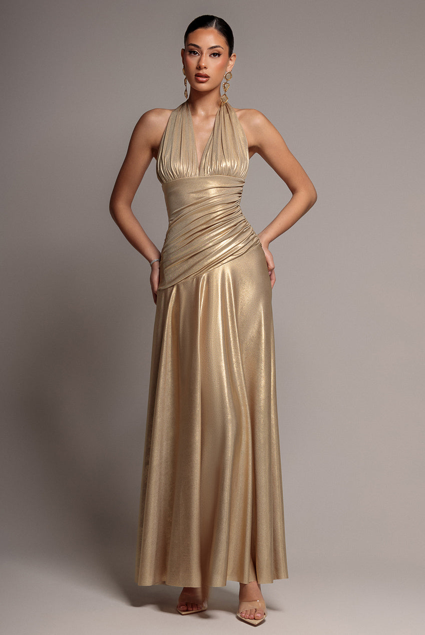 Goddiva Halterneck Empire Waist Gathered Sunrise Foil  Maxi Dress - Gold