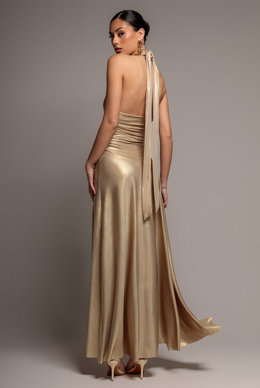 Goddiva Halterneck Empire Waist Gathered Sunrise Foil  Maxi Dress - Gold