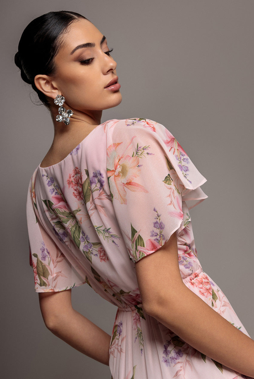 Goddiva Flutter Sleeve Chiffon Midaxi Wrap Dress - Blush Pink