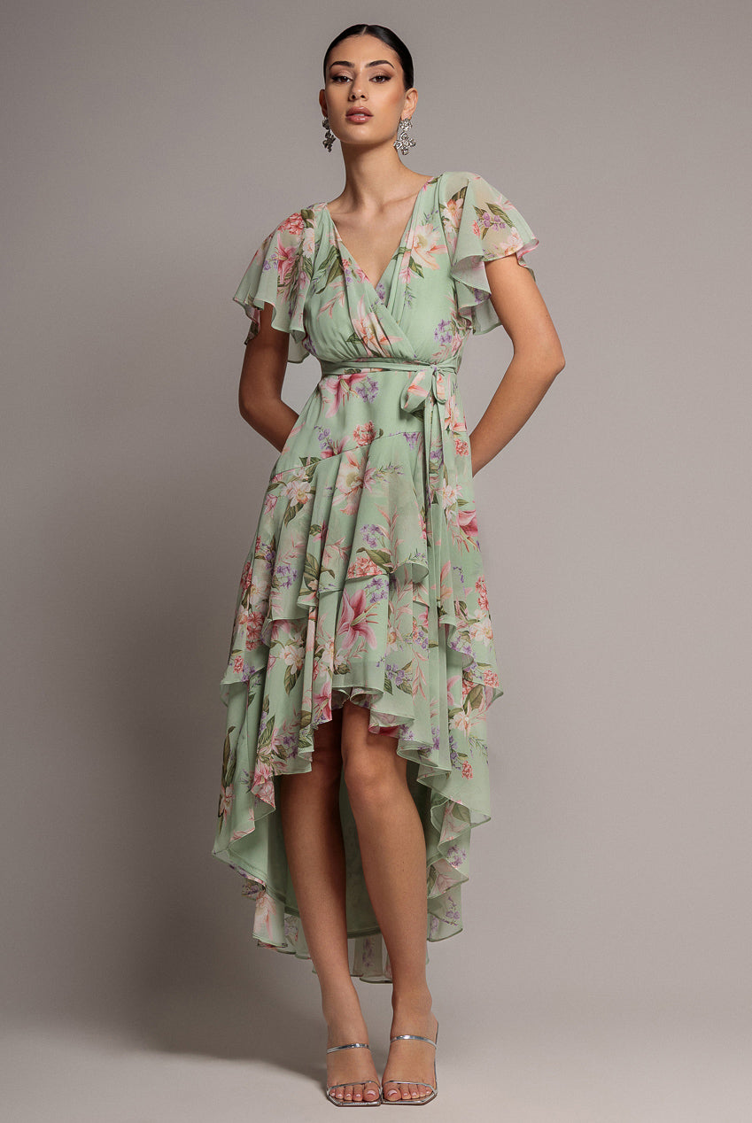Goddiva Flutter Sleeve Chiffon Midaxi Wrap Dress - Sage Green