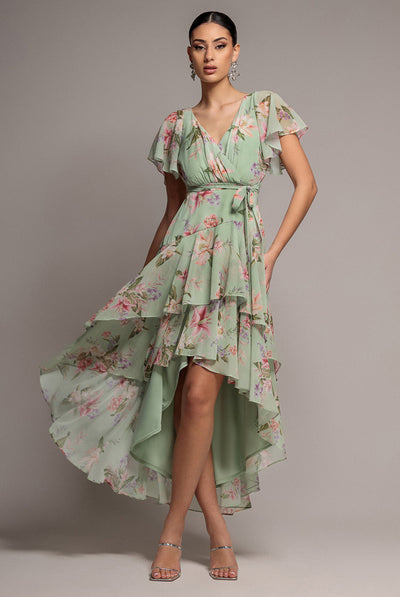 SageGreen - Goddiva Flutter Sleeve Chiffon Midaxi Wrap Dress - Sage Green