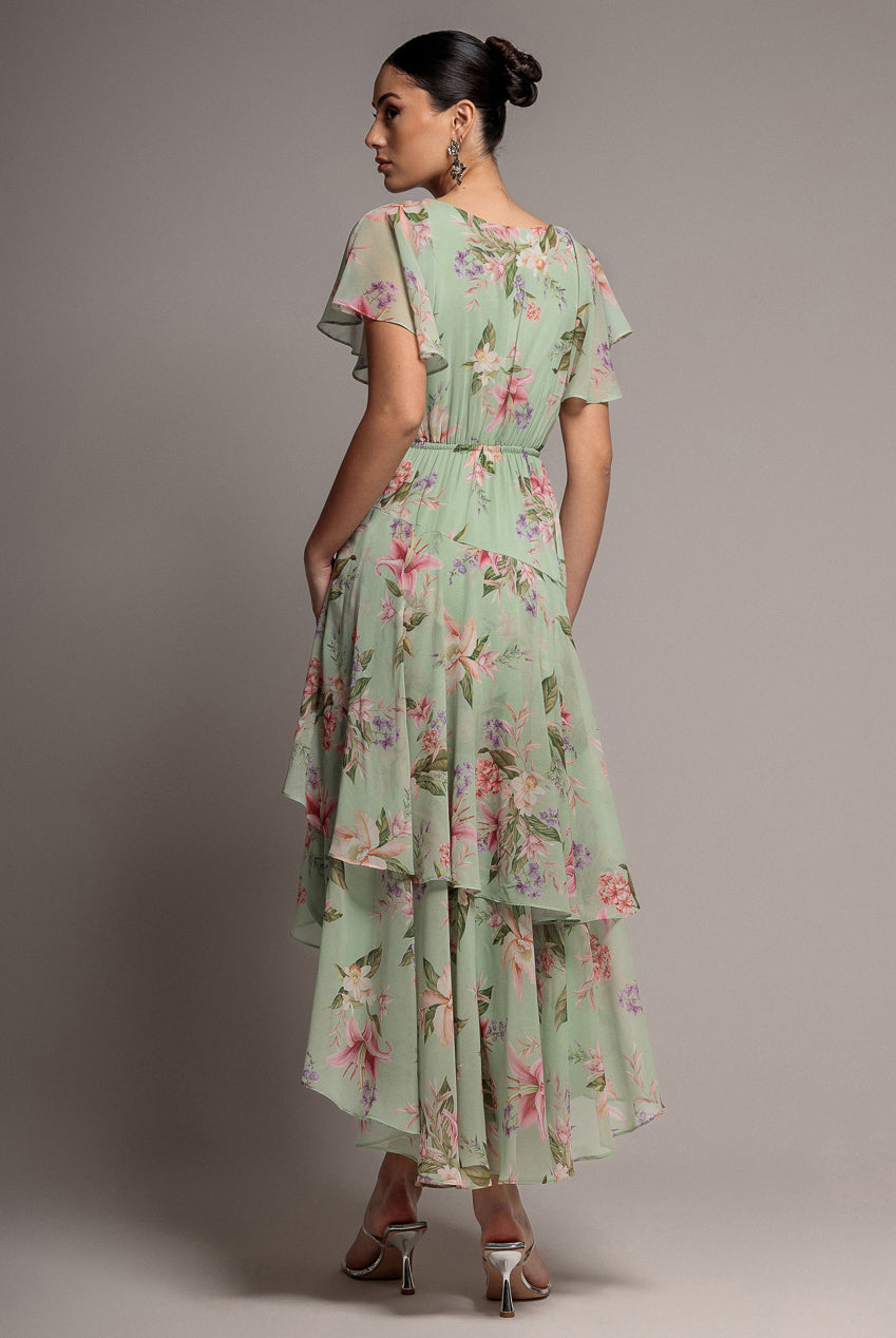 Goddiva Flutter Sleeve Chiffon Midaxi Wrap Dress - Sage Green