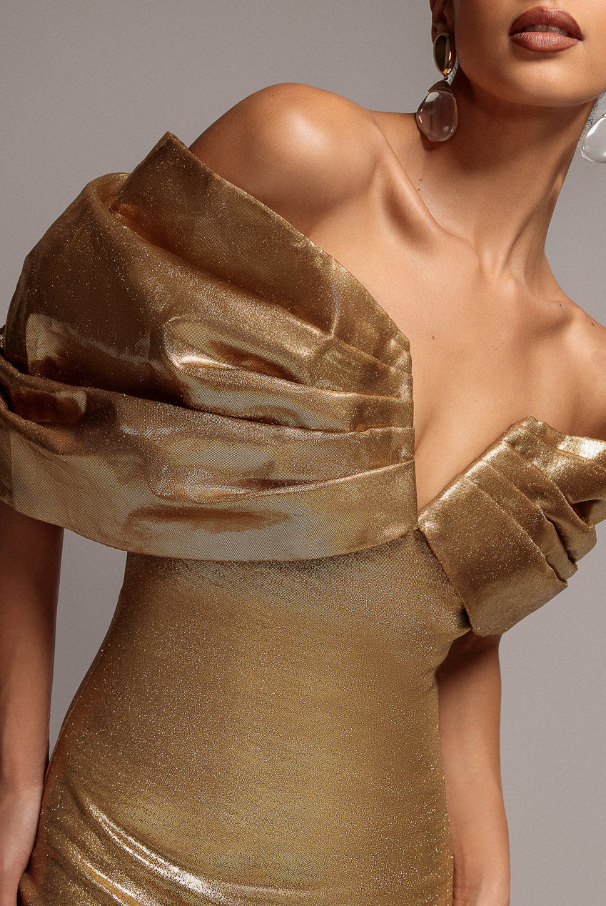 Goddiva Plunge Neck Bardot Foil & Organza Maxi Dress - Gold