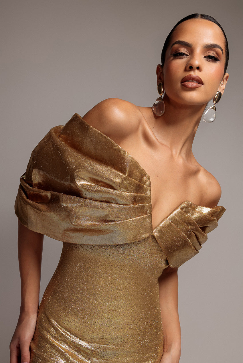 Goddiva Plunge Neck Bardot Foil & Organza Maxi Dress - Gold