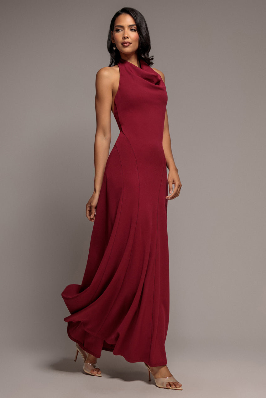 Goddiva Halterneck Cowl Neck Backless Scuba Crepe Maxi Dress - Burgundy