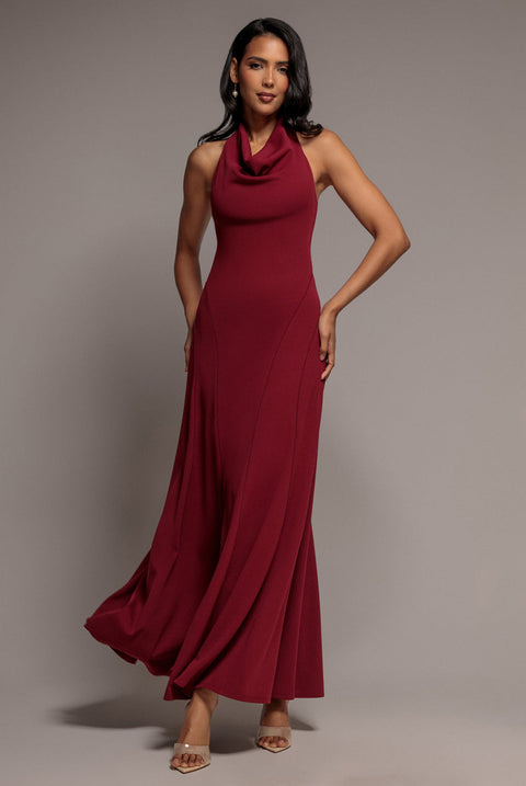 Goddiva Halterneck Cowl Neck Backless Scuba Crepe Maxi Dress - Burgundy