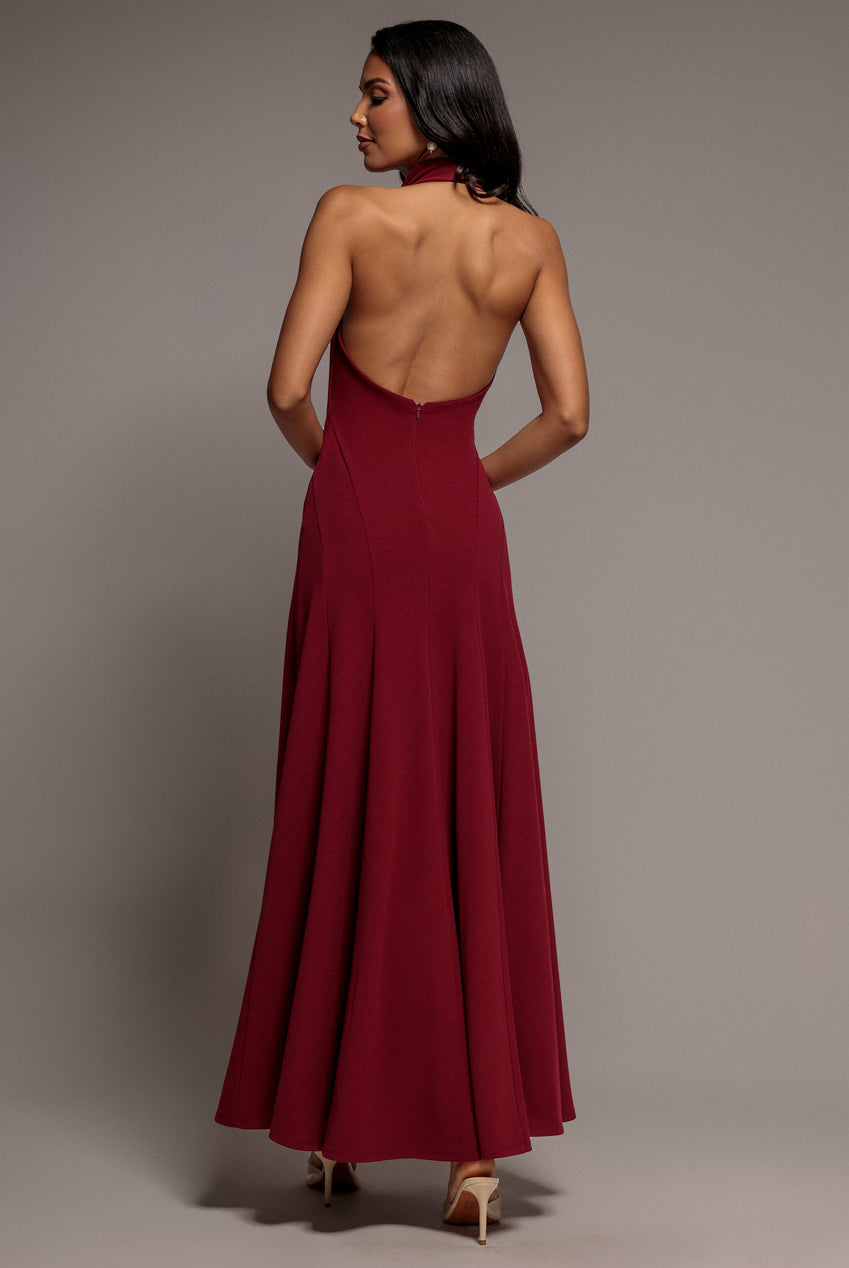 Goddiva Halterneck Cowl Neck Backless Scuba Crepe Maxi Dress - Burgundy