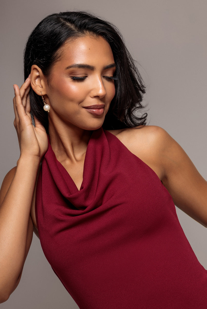 Goddiva Halterneck Cowl Neck Backless Scuba Crepe Maxi Dress - Burgundy