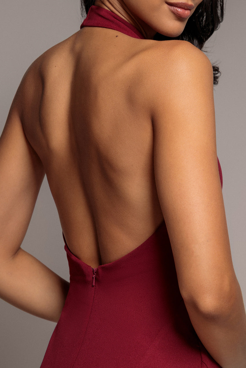 Goddiva Halterneck Cowl Neck Backless Scuba Crepe Maxi Dress - Burgundy