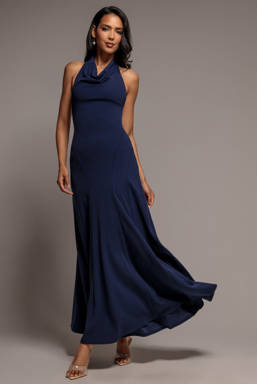 Goddiva Halterneck Cowl Neck Backless Scuba Crepe Maxi Dress - Navy Blue