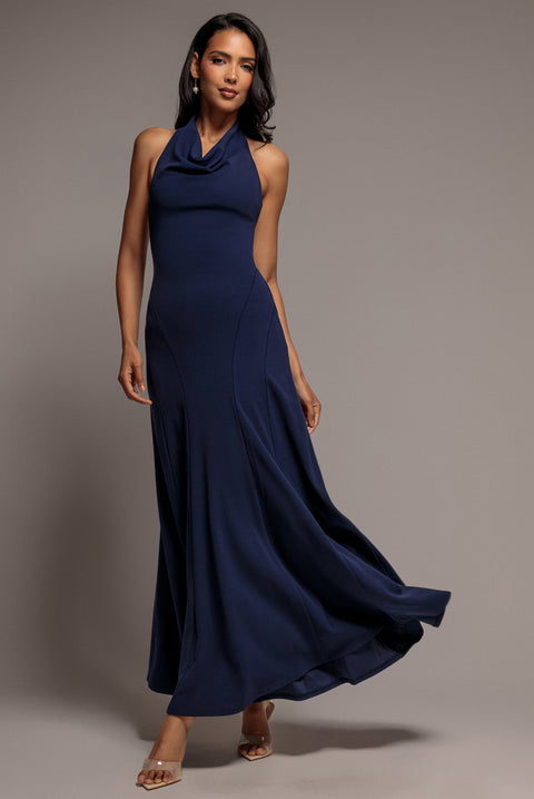 Goddiva Halterneck Cowl Neck Backless Scuba Crepe Maxi Dress - Navy Blue