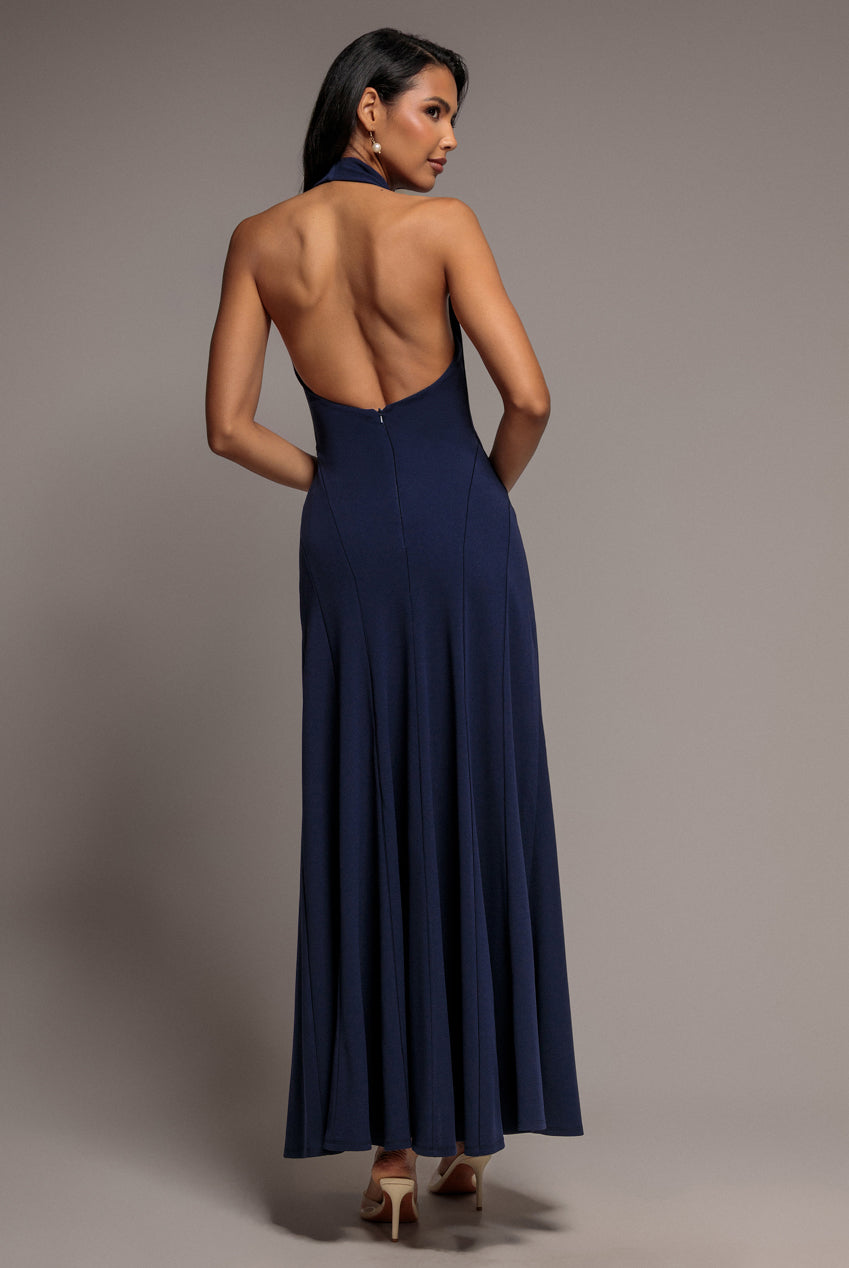 Goddiva Halterneck Cowl Neck Backless Scuba Crepe Maxi Dress - Navy Blue