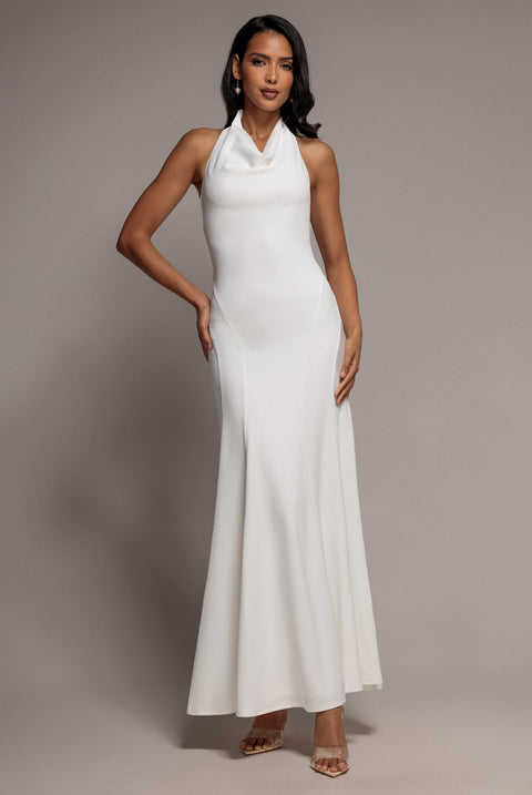 Goddiva Halterneck Cowl Neck Backless Scuba Crepe Maxi Dress - White